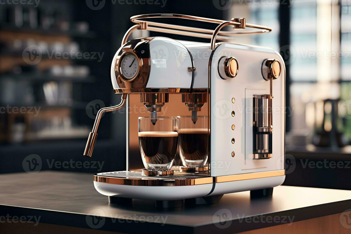 AI generated modern stylish white coffee machine with glass cup of Americano photo