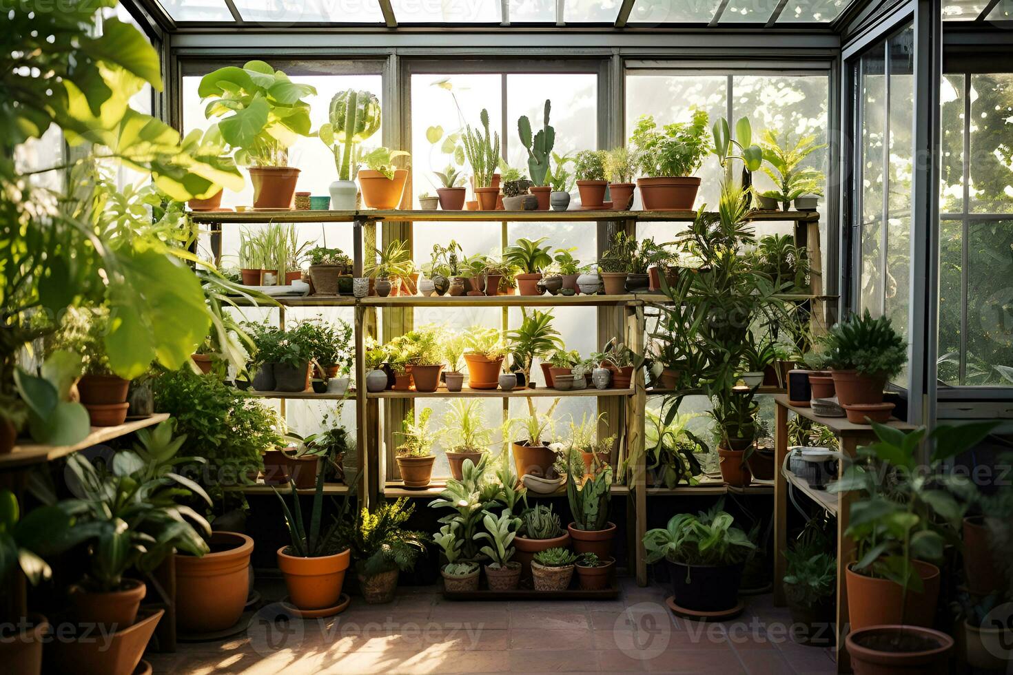 ai generado muchos diferente verde en conserva plantas en cerámico ollas en el invernadero. jardinería y paisajismo foto