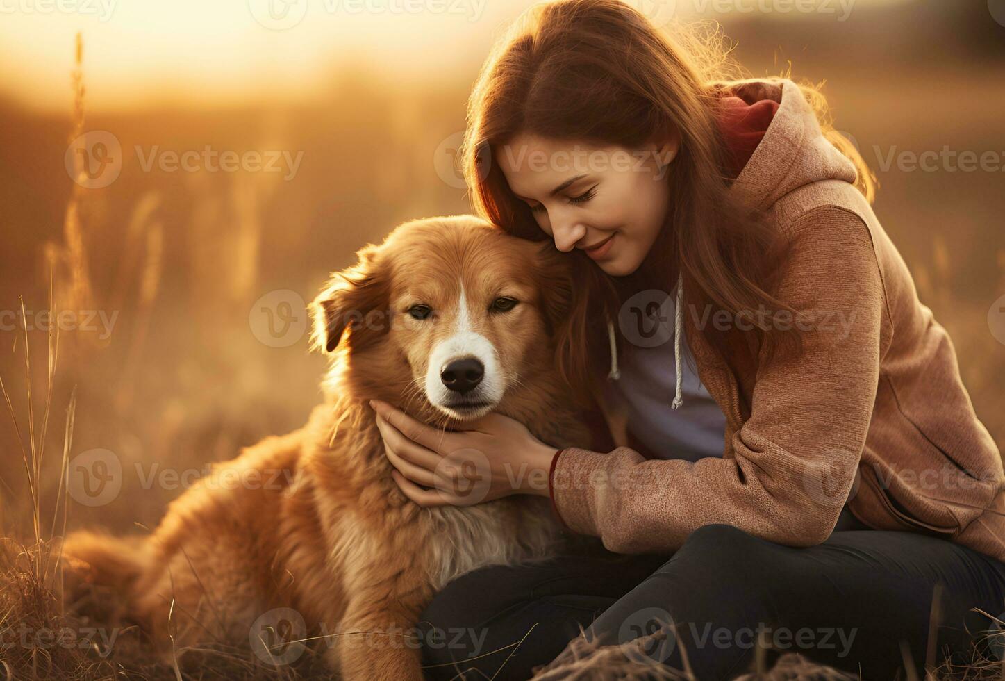 AI generated Young smiling Woman hugging red dog while walking in autumn fields pet love and adoption National Hugging Day photo