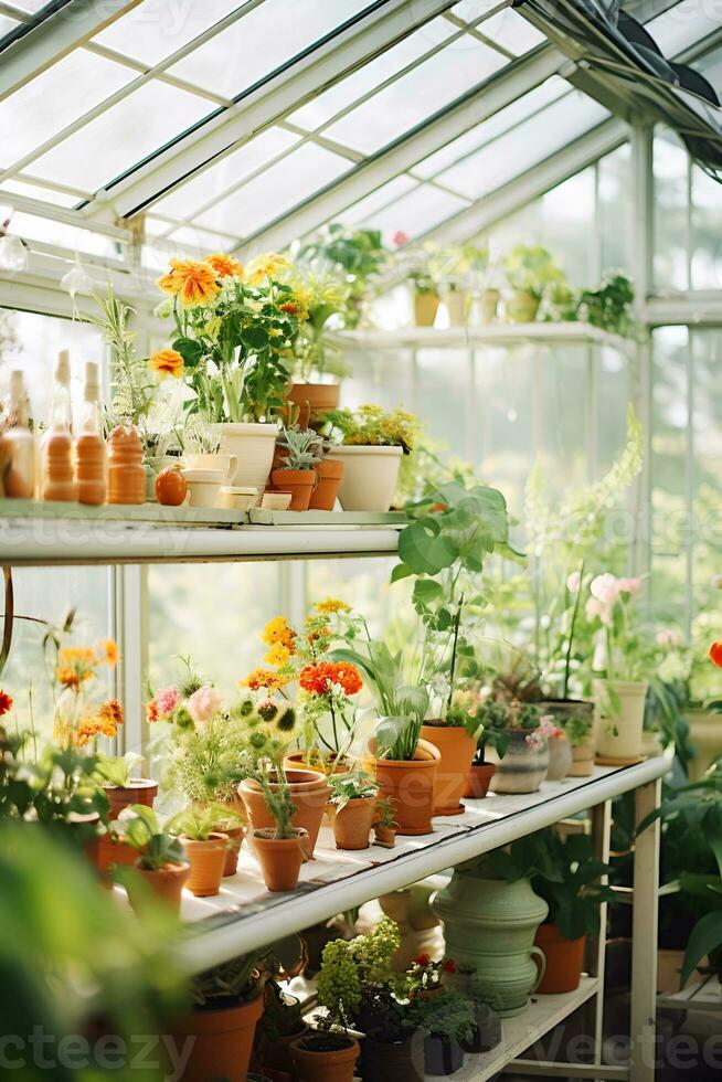 AI generated collection of flowering plants in ceramic pots, nestled within a glassed-in greenhouse, botanical for gardening enthusiasts of indoor green spaces photo