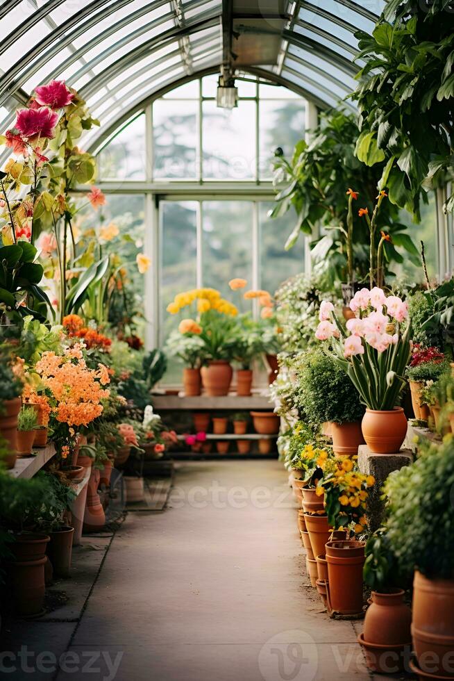 AI generated Various blooming plants in ceramic pots inside glass enclosed greenhouse,vibrant indoor garden with lush greenery and colorful floral diversity photo