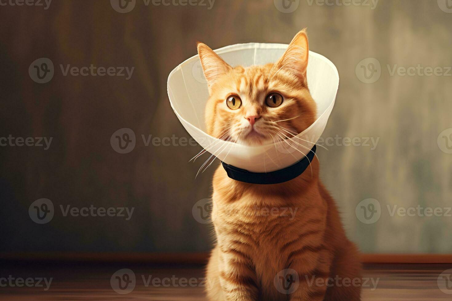AI generated red cat in protective veterinary collar on gray background in room care for pets after surgery copy space photo