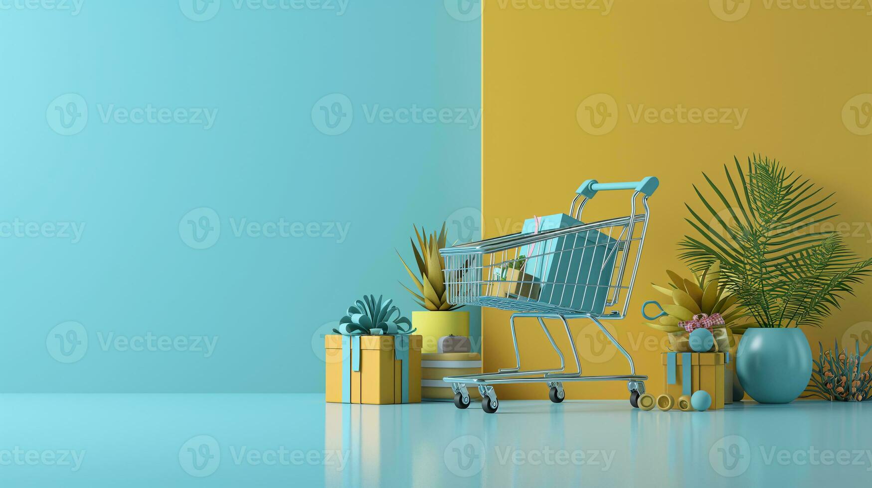 AI generated Shopping trolley or cart resting on the surface. supermarket pushcart for groceries. Concept banner for purchases. photo