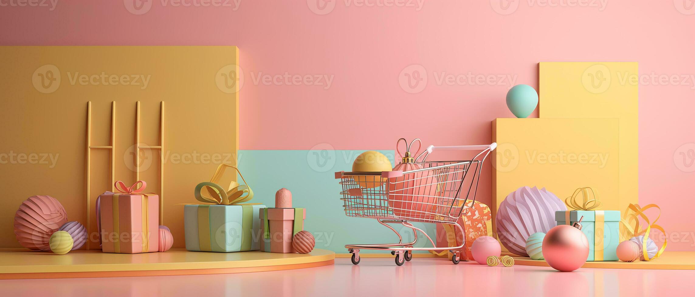 AI generated Shopping trolley or cart resting on the surface. supermarket pushcart for groceries. Concept banner for purchases. photo