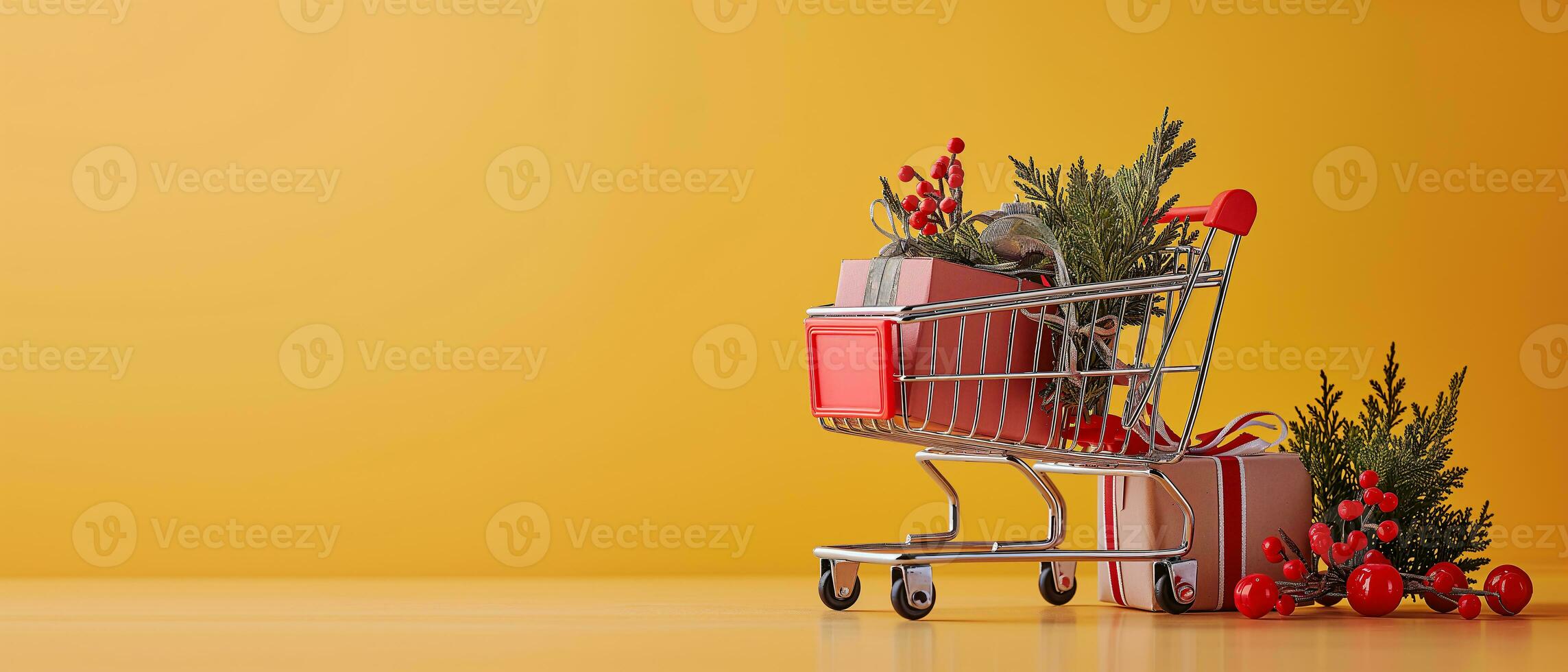 ai generado compras carretilla o carro descansando en el superficie. supermercado carretilla para comestibles. concepto bandera para compras foto