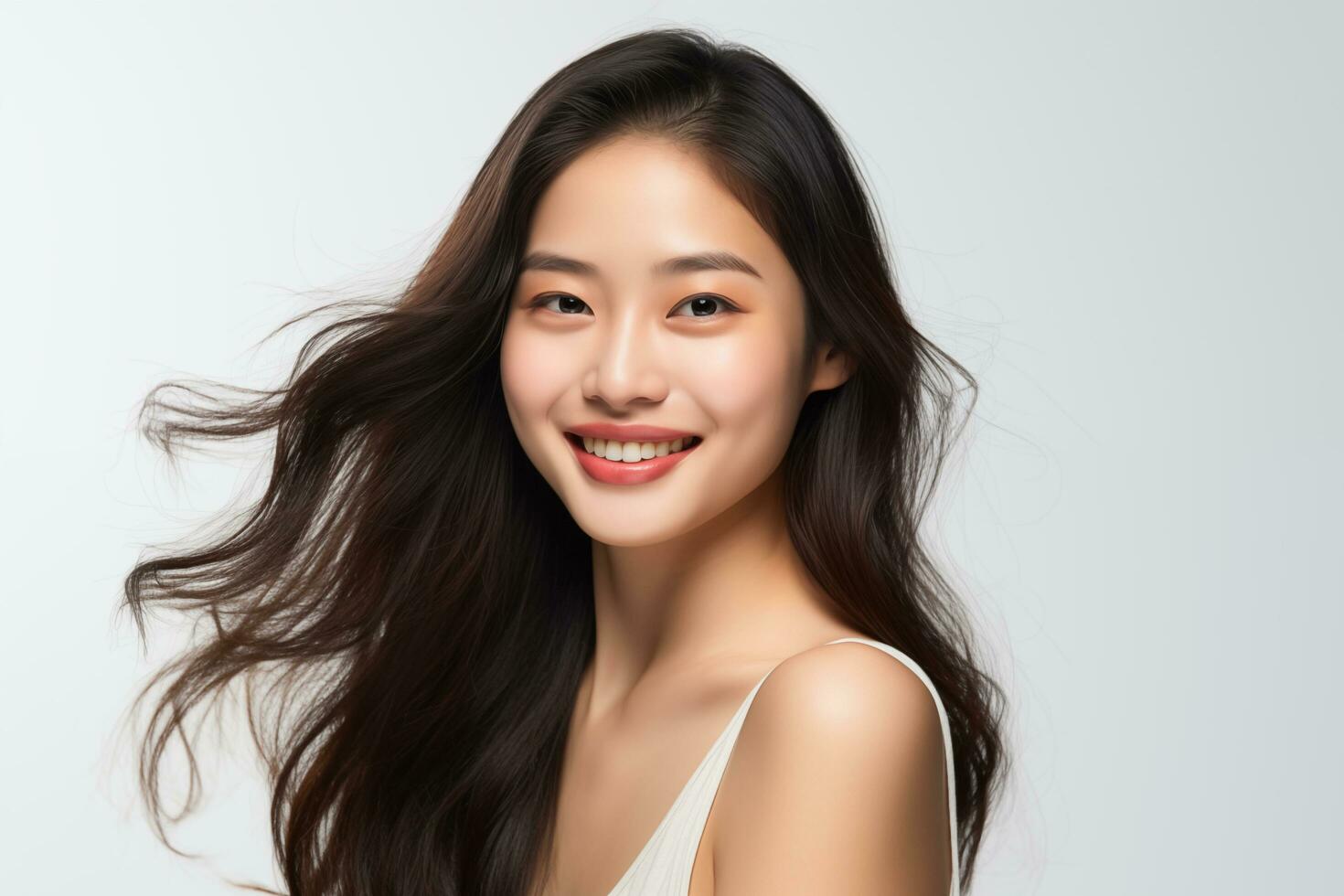 AI generated Close-up picture of a gorgeous Asian woman with good facial skin, focusing on skincare and makeup. photo