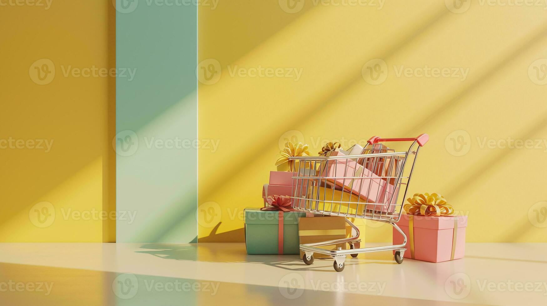 AI generated Shopping trolley or cart resting on the surface. supermarket pushcart for groceries. Concept banner for purchases. photo