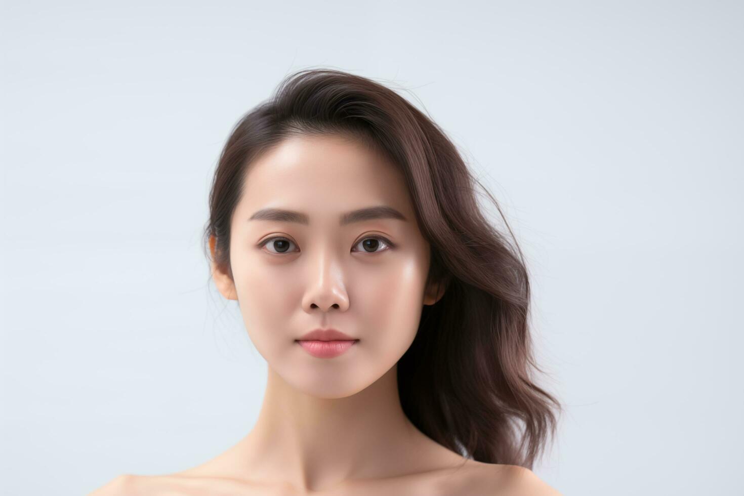 AI generated Close-up picture of a gorgeous Asian woman with good facial skin, focusing on skincare and makeup. photo