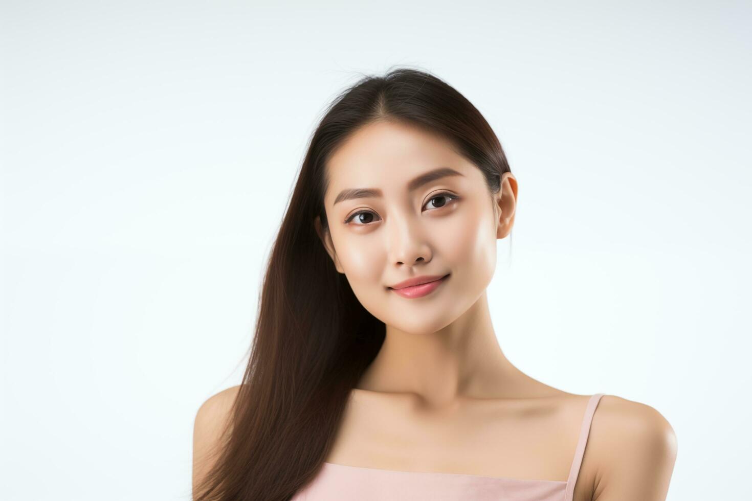 AI generated Close-up picture of a gorgeous Asian woman with good facial skin, focusing on skincare and makeup. photo