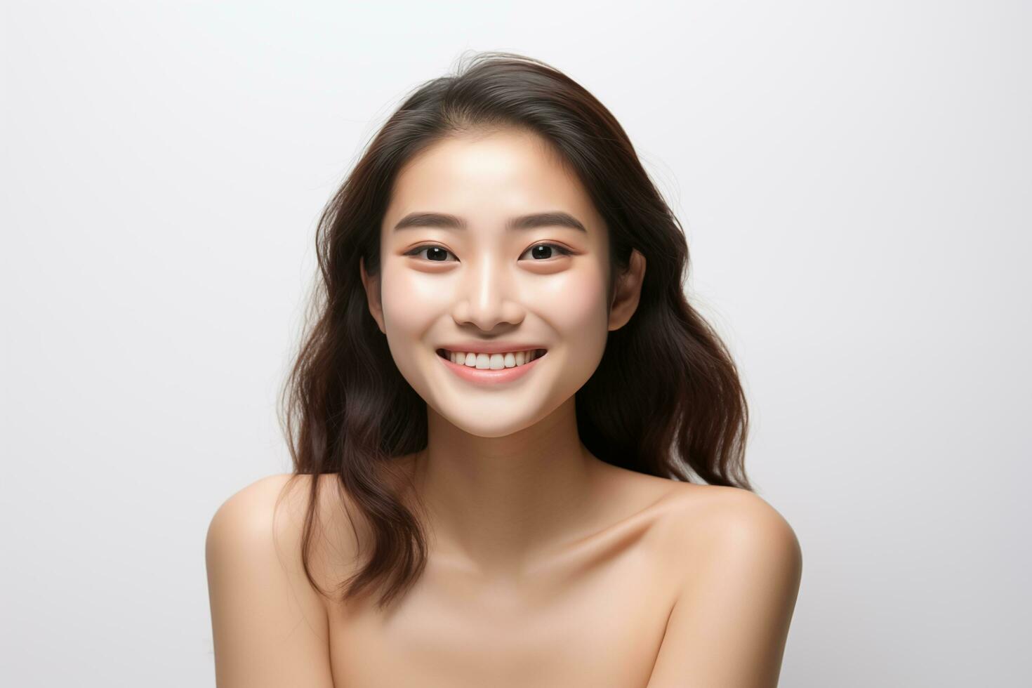 AI generated Close-up picture of a gorgeous Asian woman with good facial skin, focusing on skincare and makeup. photo