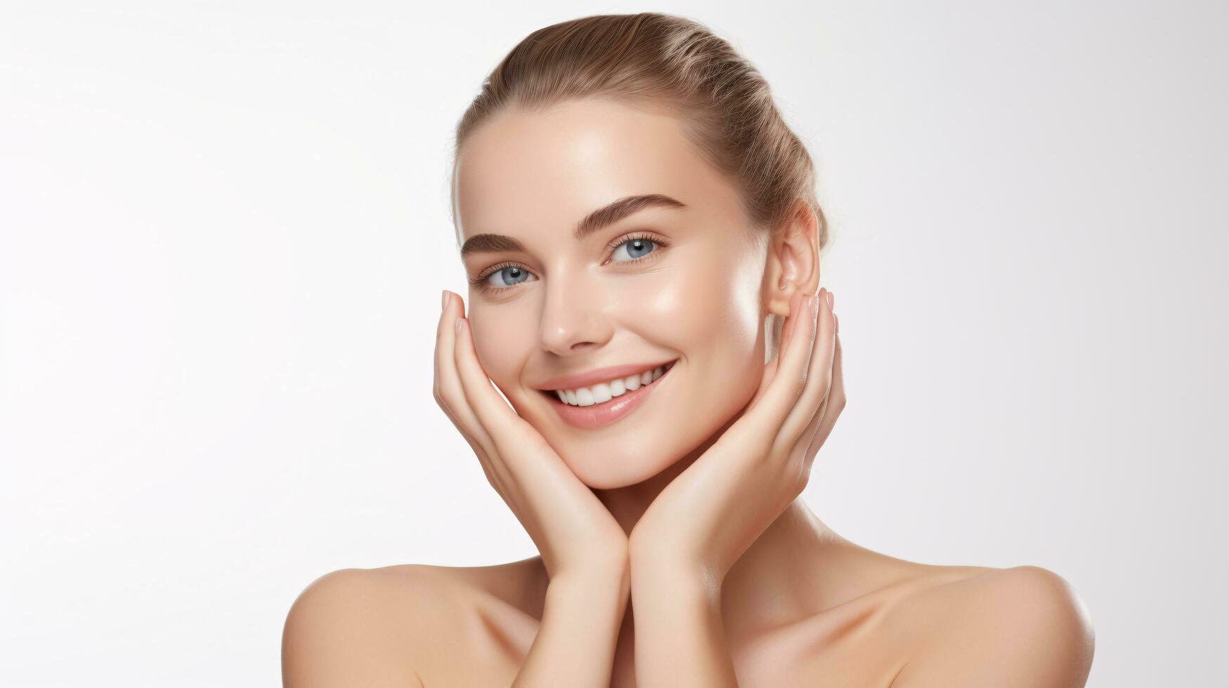AI generated Close-up picture of a gorgeous woman with good facial skin, focusing on skincare and makeup. photo
