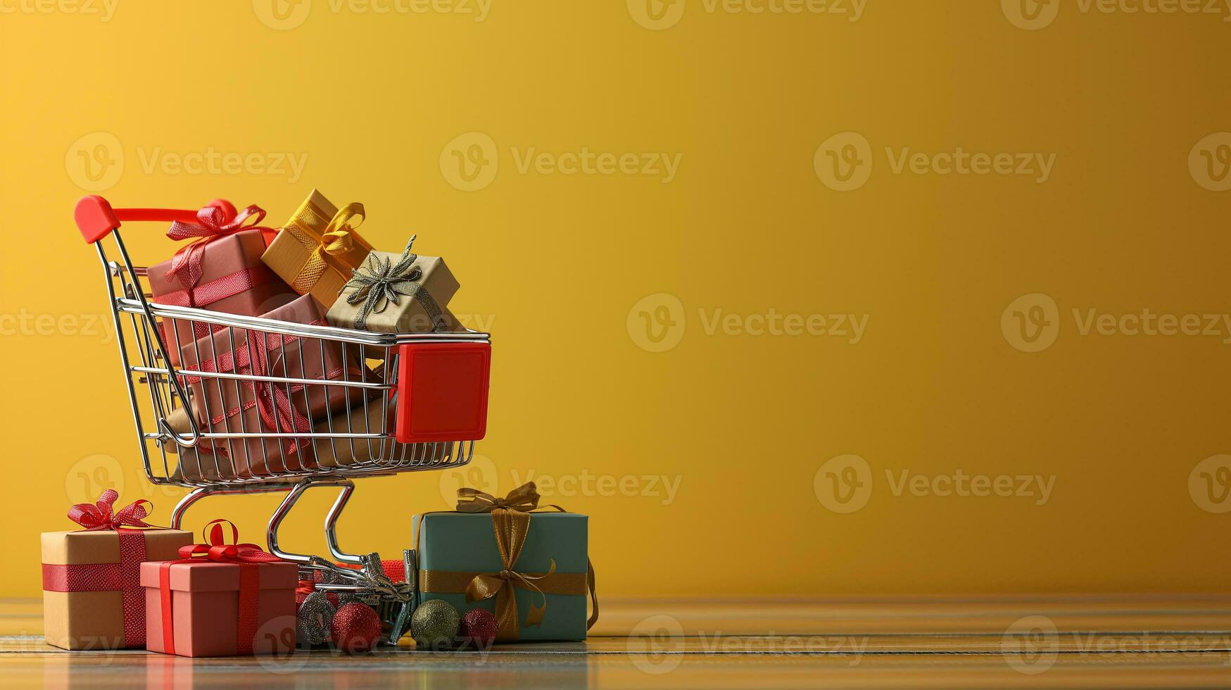 AI generated Shopping trolley or cart resting on the surface. supermarket pushcart for groceries. Concept banner for purchases. photo