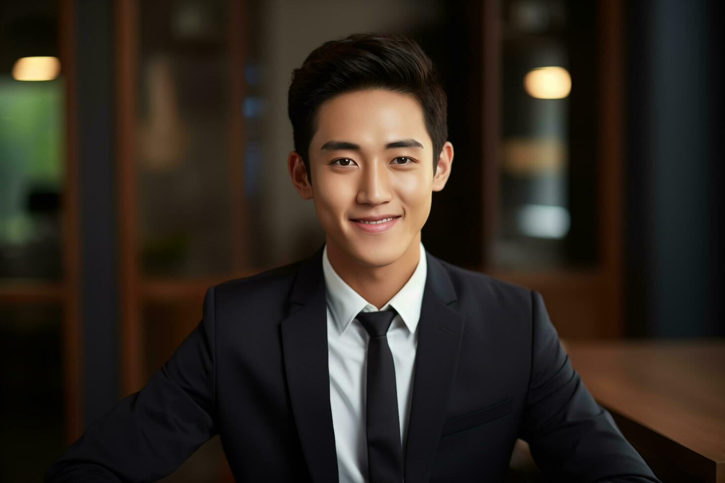 AI generated Portrait of smiling asian businessman wearing suit. photo