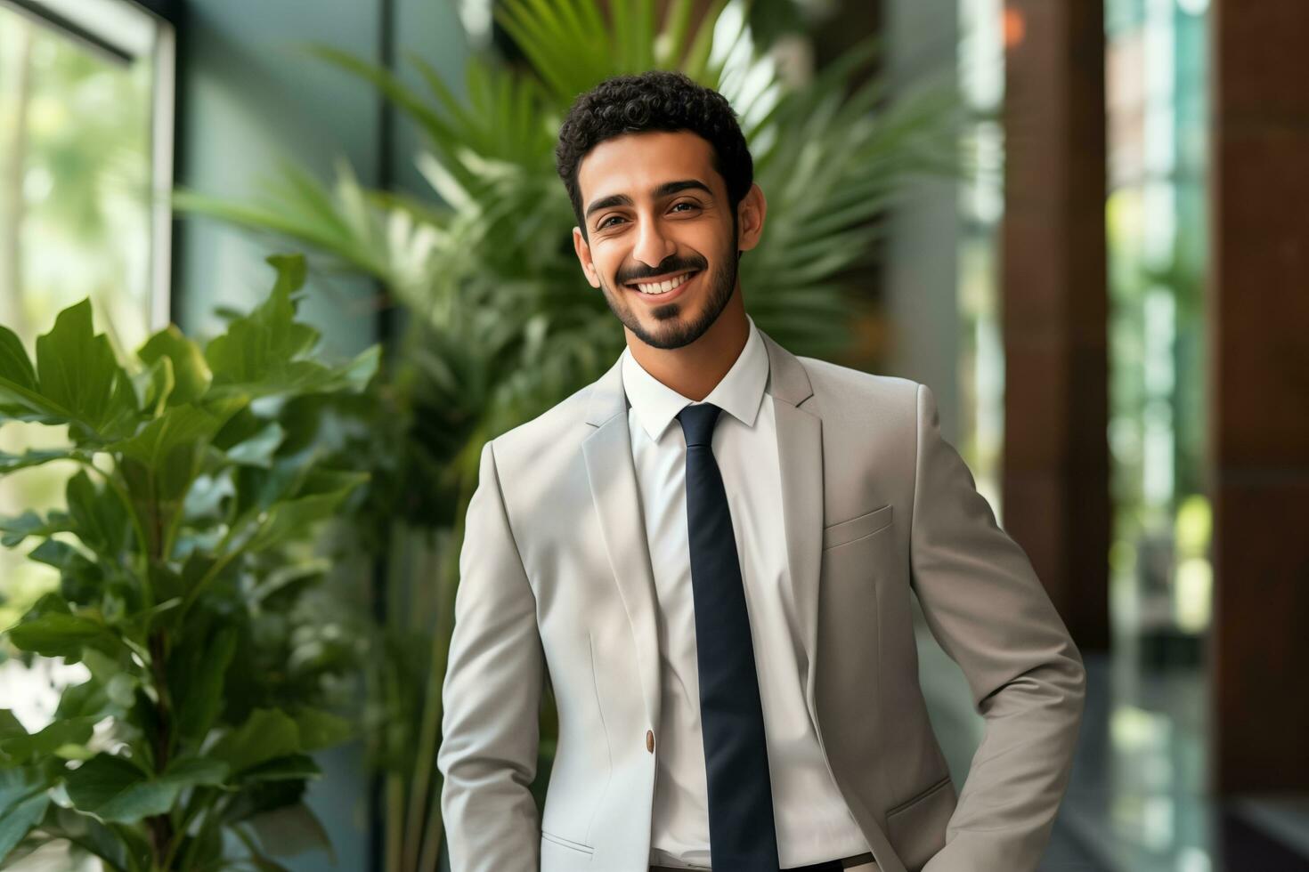 AI generated Portrait of smiling businessman wearing suit. photo