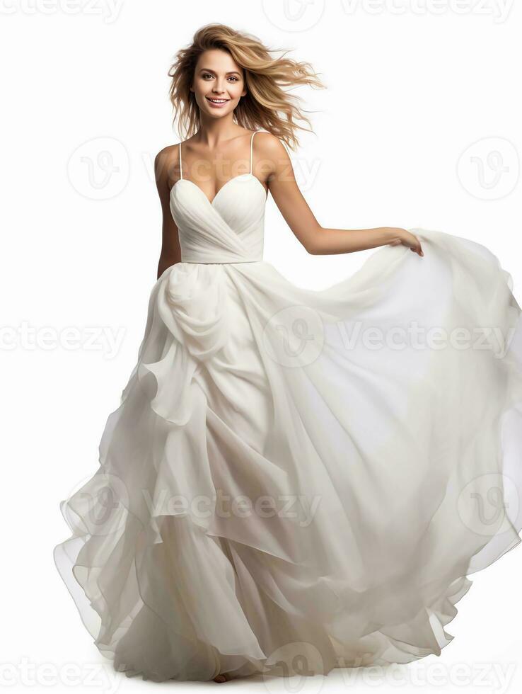 AI generated Portrait of a wedding dress model, beautiful pure white female model, as a photo of a tasseled dress model, beautiful smiling expression, graceful pose