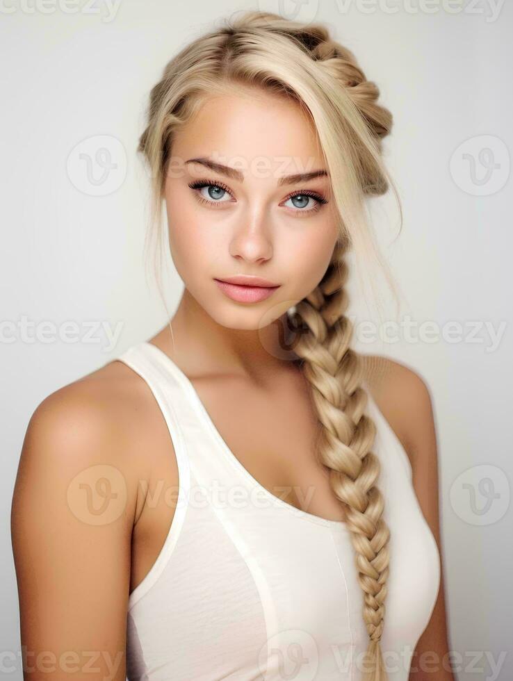 AI generated portrait of beautiful young woman with long braided blonde hair, isolated white background, AI Generative photo