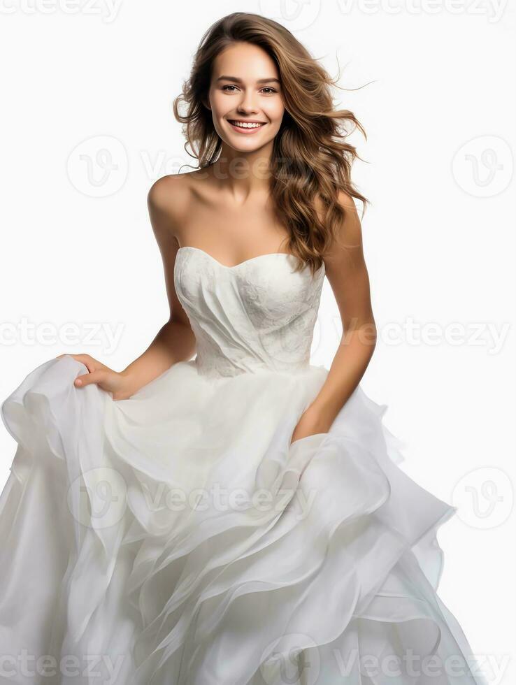 AI generated Portrait of a wedding dress model, beautiful pure white female model, as a photo of a tasseled dress model, beautiful smiling expression, graceful pose