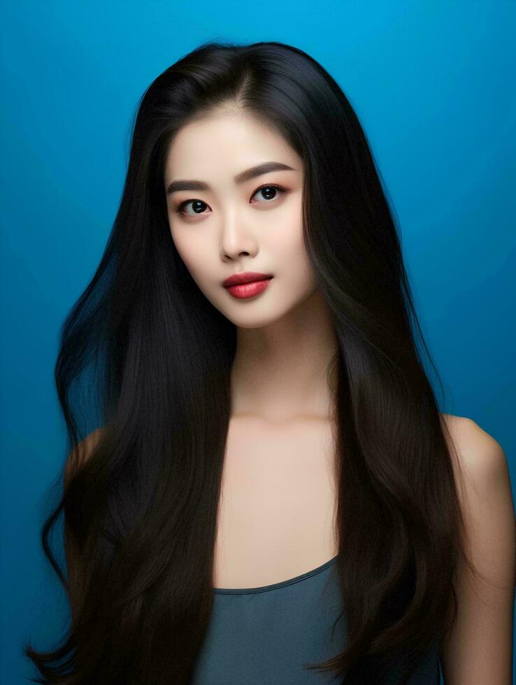 AI generated Young beauty japanese woman long straight hair with Korean style makeup and perfect clean skin on isolated blue background, AI Generative photo