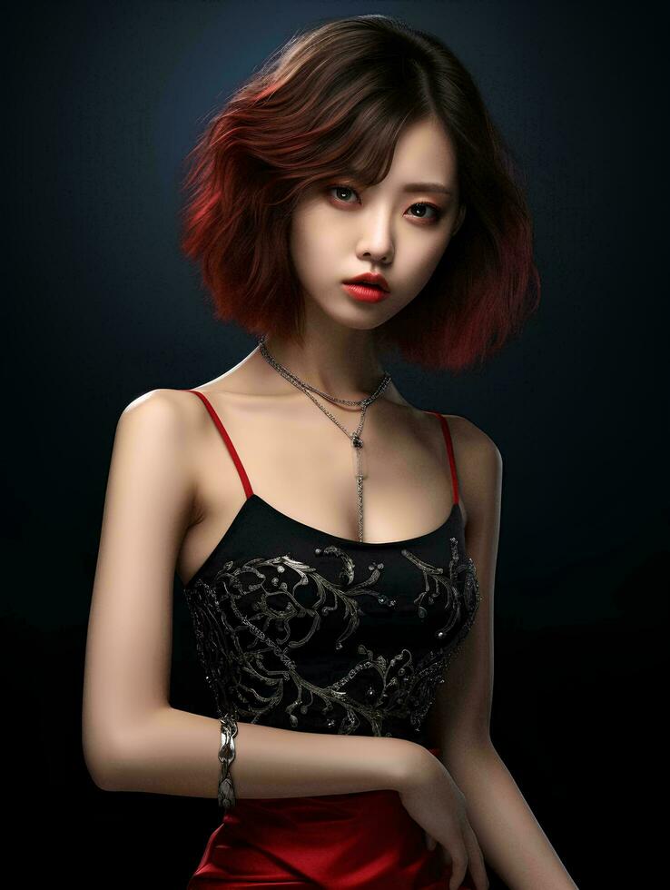 AI generated Beautiful Korean girl with bob hair, wearing a skimpy dress, red lips, toned stomach, Generative AI photo