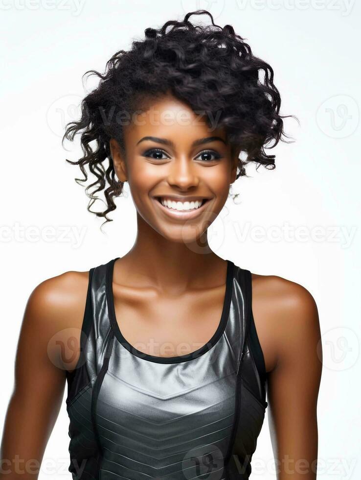 AI generated Portrait of a beautiful young female model with black metallic skin wearing a tank top, as a beauty model photo, beautiful smile expression photo