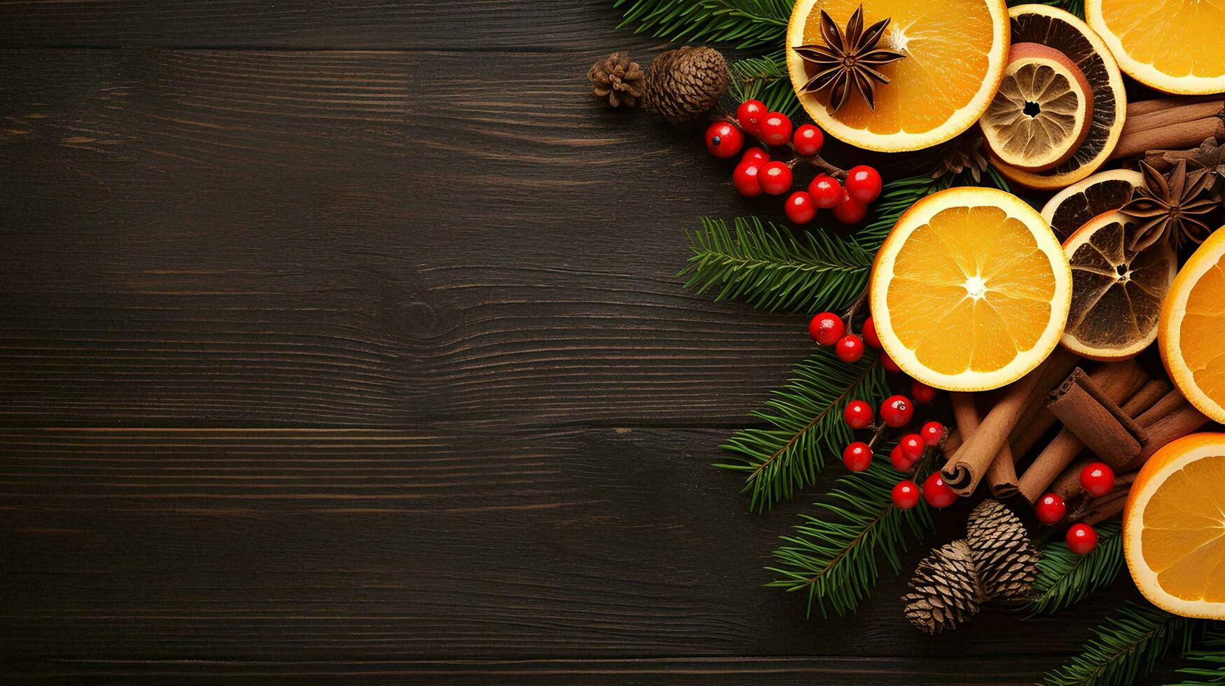 AI generated Traditional Christmas warm drink, ripe berries, with slices of orange, spices and cinnamon, top view, flat space, copy space photo