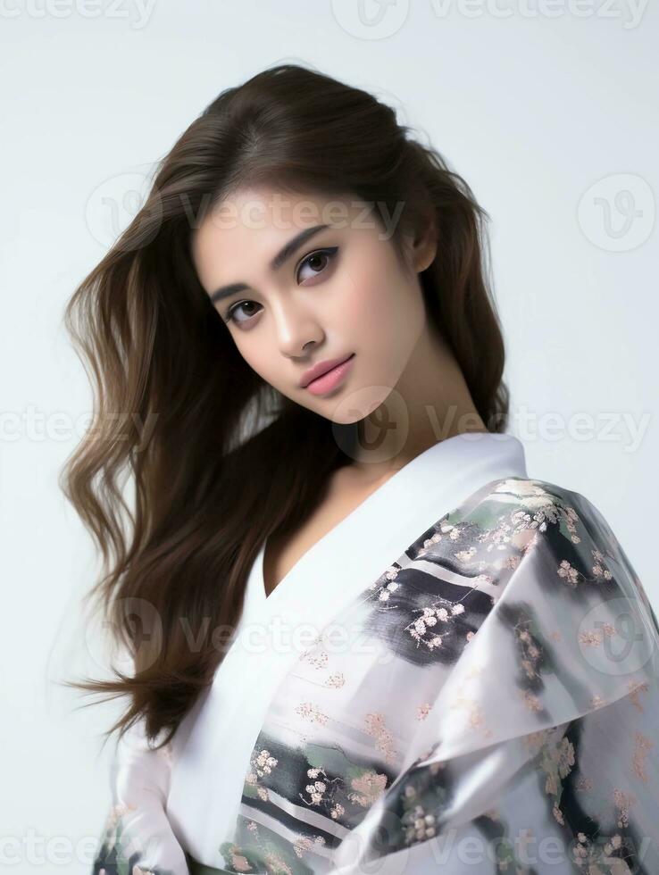 AI generated Portrait of a young Japanese female model wearing a kimono posing gracefully, isolated white background, AI generative photo