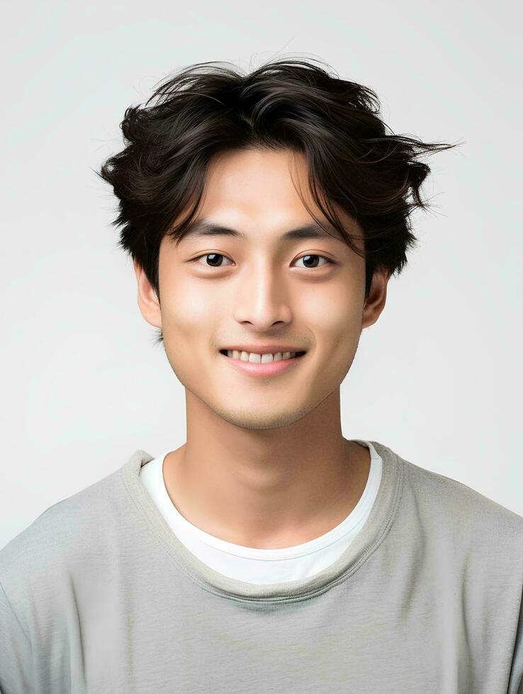 AI generated Portrait of a young Japanese man with smiling expression, facing the camera, isolated white background, AI Generative photo