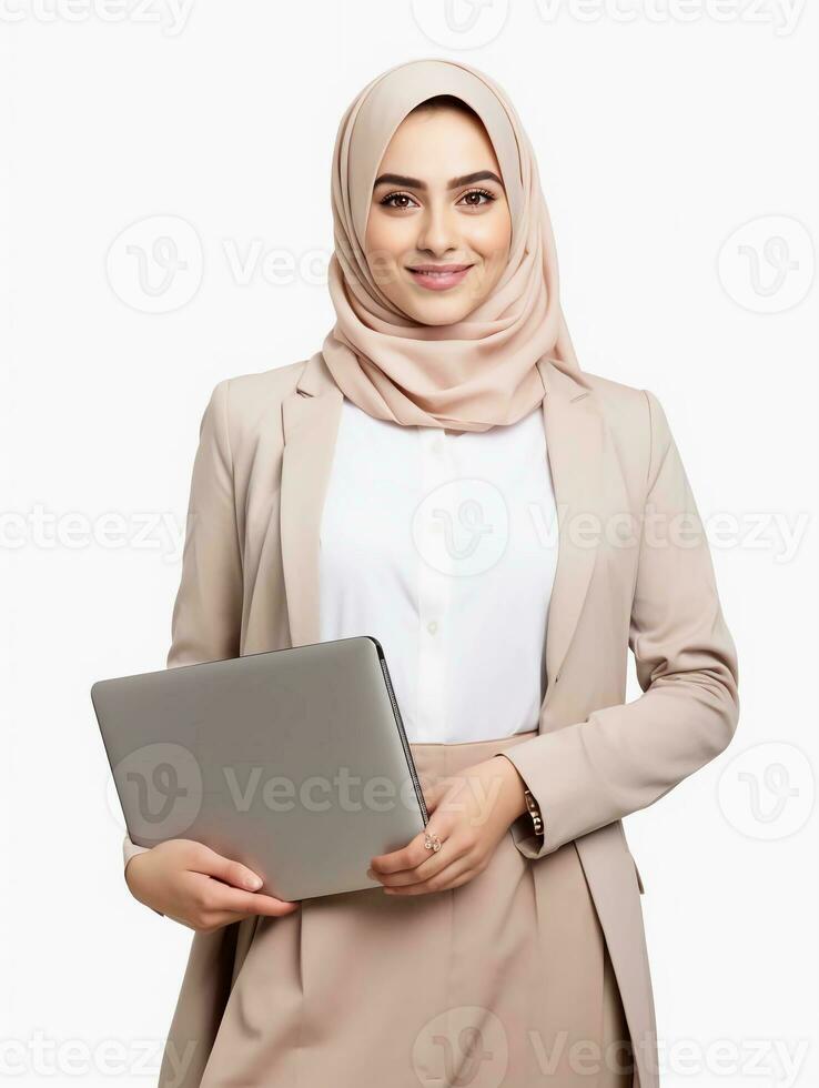 ai generado carrera mujer que lleva ordenador portátil en su mano y vistiendo hiyab, sonriente expresión y teniendo blanco y limpiar dientes, estudio foto, aislado blanco antecedentes foto
