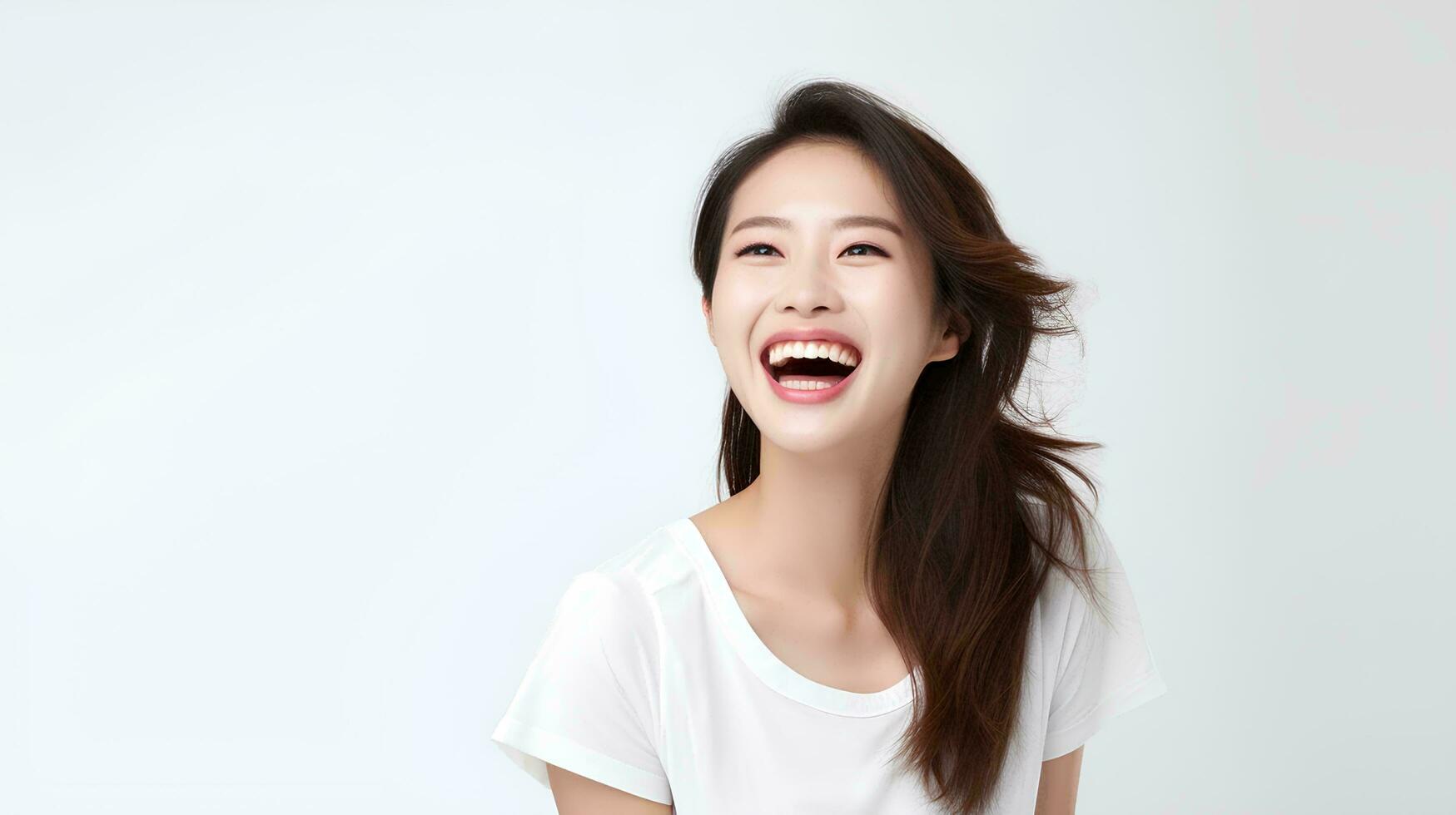 AI generated professional studio photo of beautiful young white Japanese female model with perfectly clean teeth with laughing expression, isolated white background