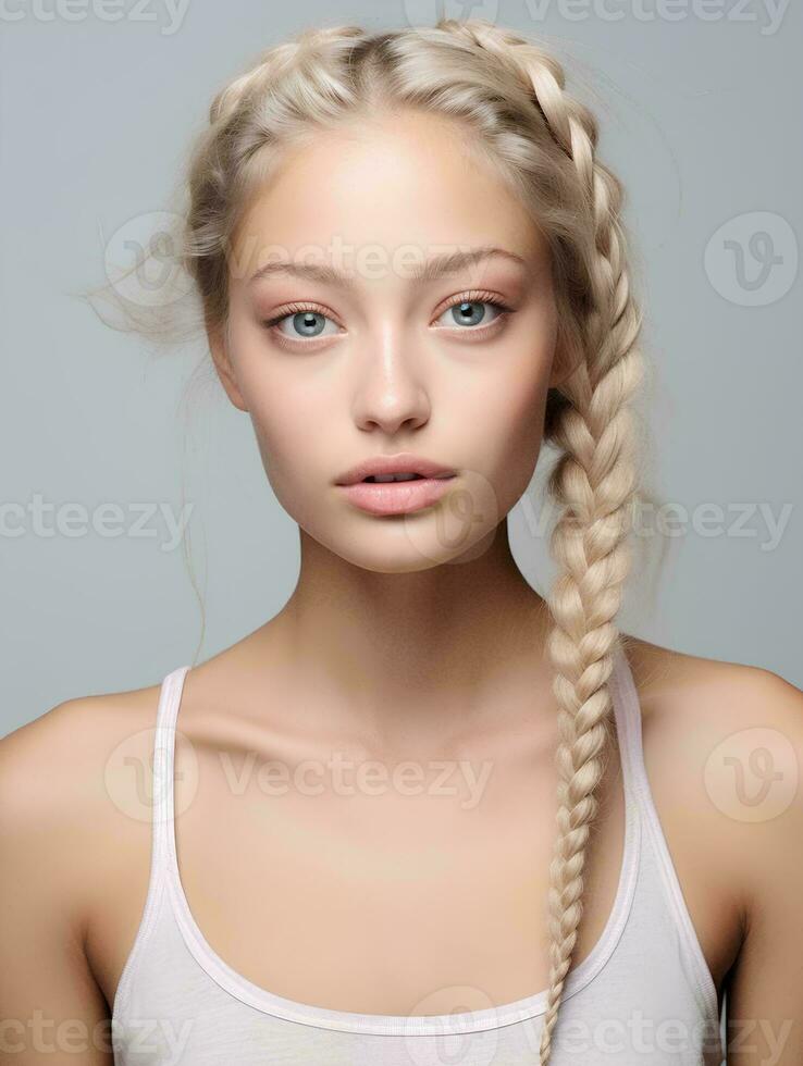 AI generated portrait of beautiful young woman with long braided blonde hair, isolated white background, AI Generative photo