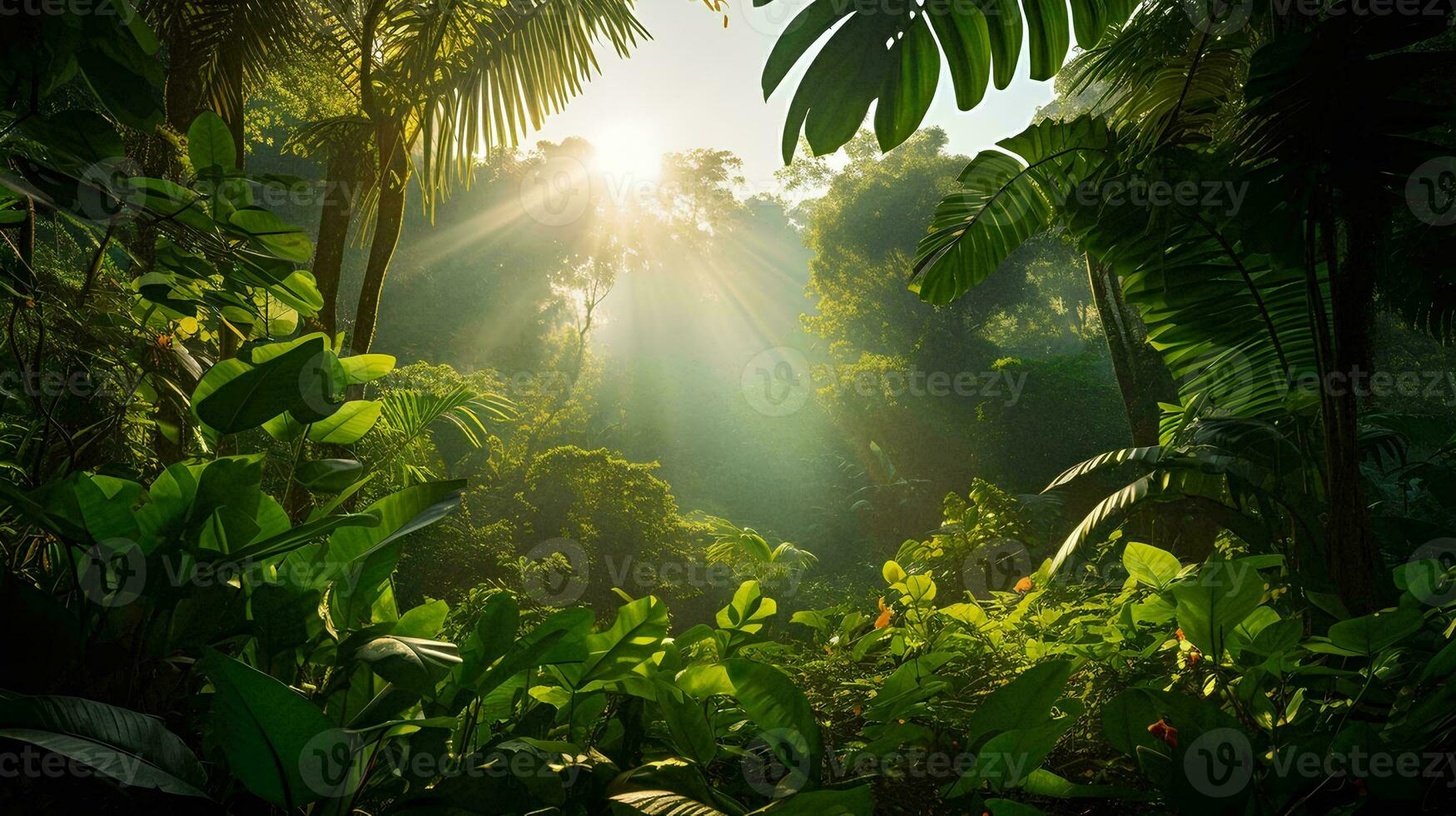 AI generated A bright morning in a tropical forest with sunlight shining through between the leaves, plants that thrive without air pollution photo