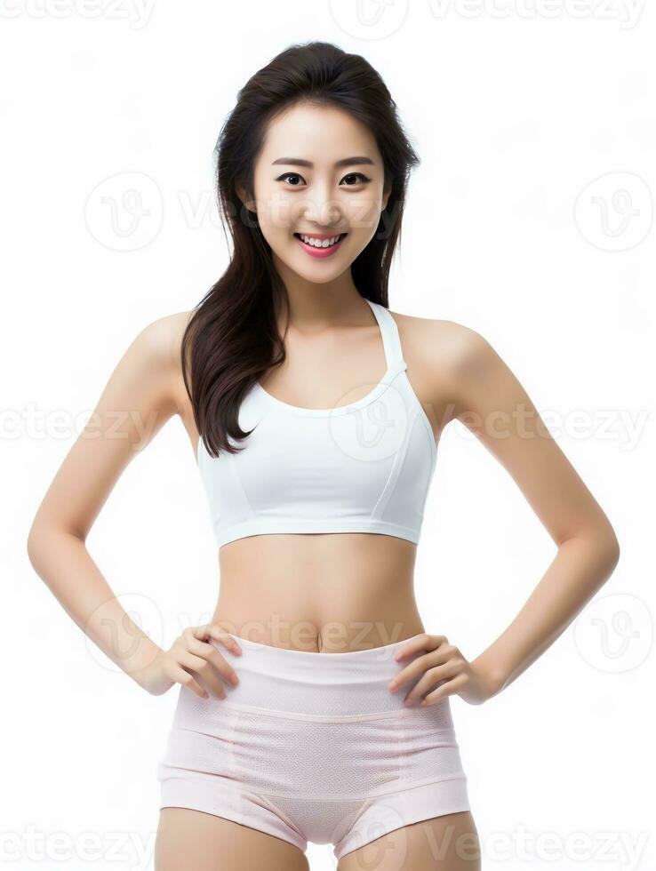 AI generated underwear model photo, beautiful Japanese female model with pure white skin, as a clothing model photo, beautiful smile expression, graceful pose, studio photo, isolated white background photo