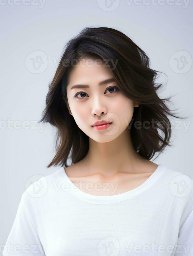 AI generated Portrait of white and clean young Japanese female beauty model, graceful posing, studio photo, isolated white background, AI Generative photo