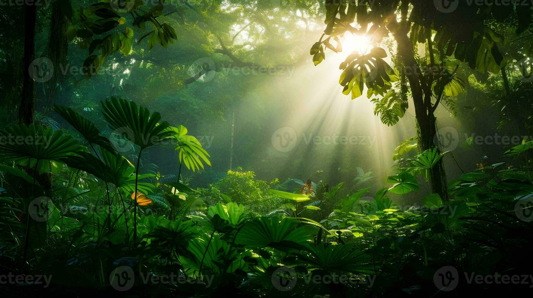 AI generated A bright morning in a tropical forest with sunlight shining through between the leaves, plants that thrive without air pollution photo