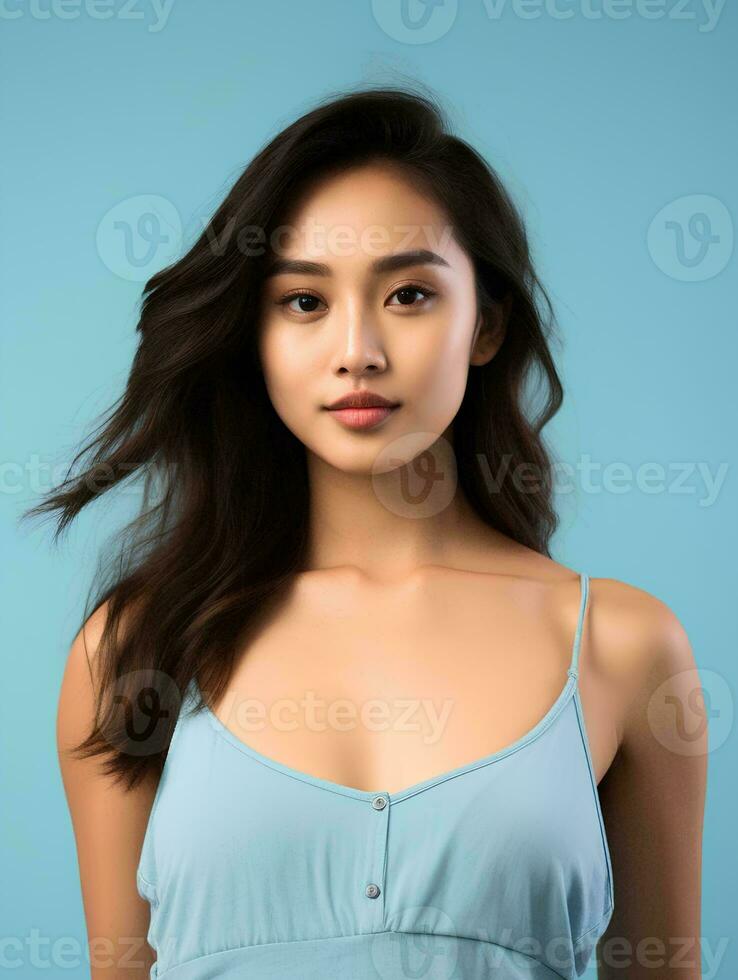 AI generated Portrait of beautiful asian woman on isolated light blue background, wearing tank top, beauty model photo