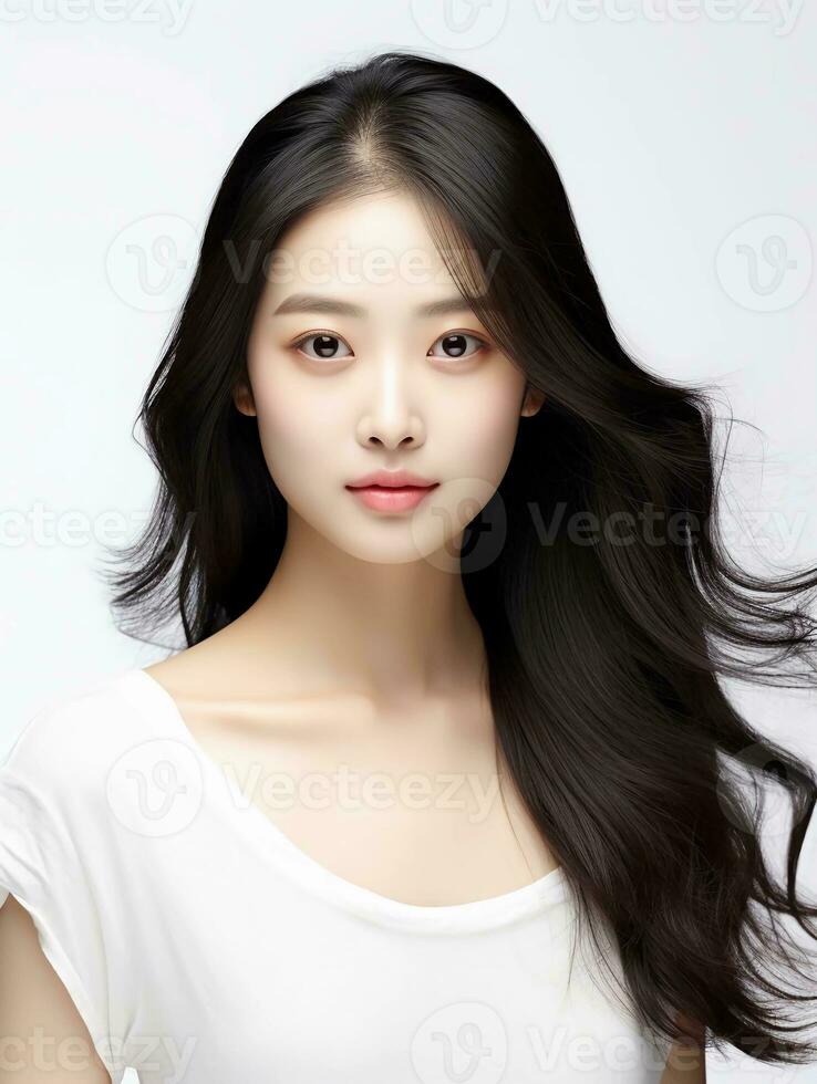 AI generated Portrait of white and clean young Japanese female beauty model, graceful posing, studio photo, isolated white background, AI Generative photo