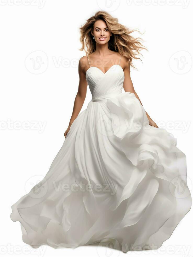 AI generated Portrait of a wedding dress model, beautiful pure white female model, as a photo of a tasseled dress model, beautiful smiling expression, graceful pose