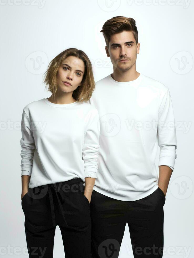 AI generated portrait of young couple model wearing plain white t-shirts as mockup material, studio photo, isolated white background, for advertising and web design photo