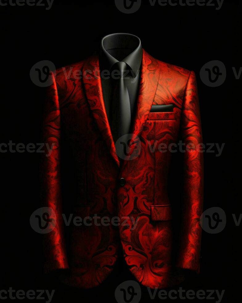 AI generated Luxury and  Elegant Red Men's Suit with Abstract Motif Isolated on Black Background. Generative AI photo