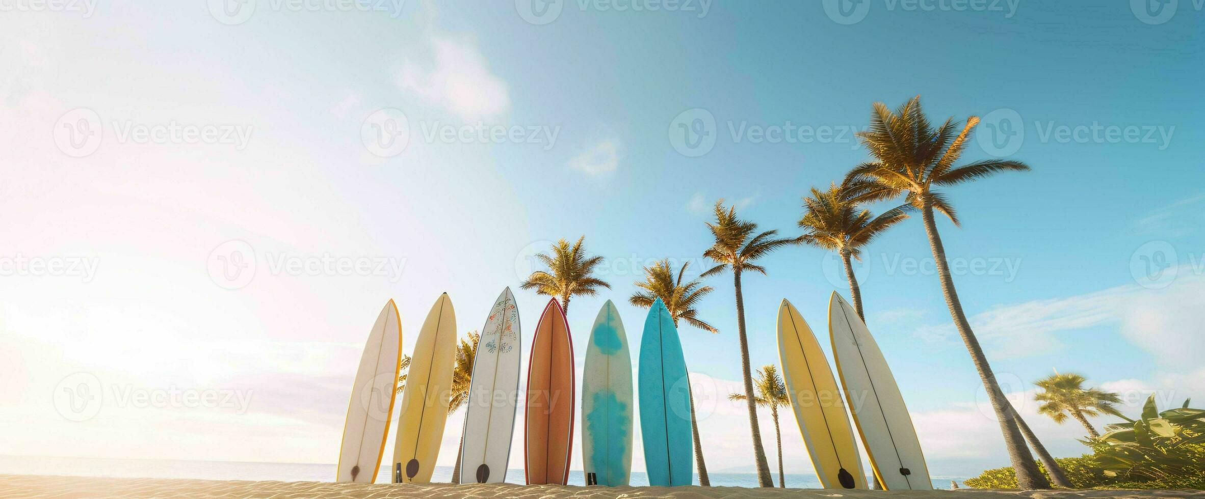 ai generado tabla de surf en el playa con azul cielo vista. generativo ai foto