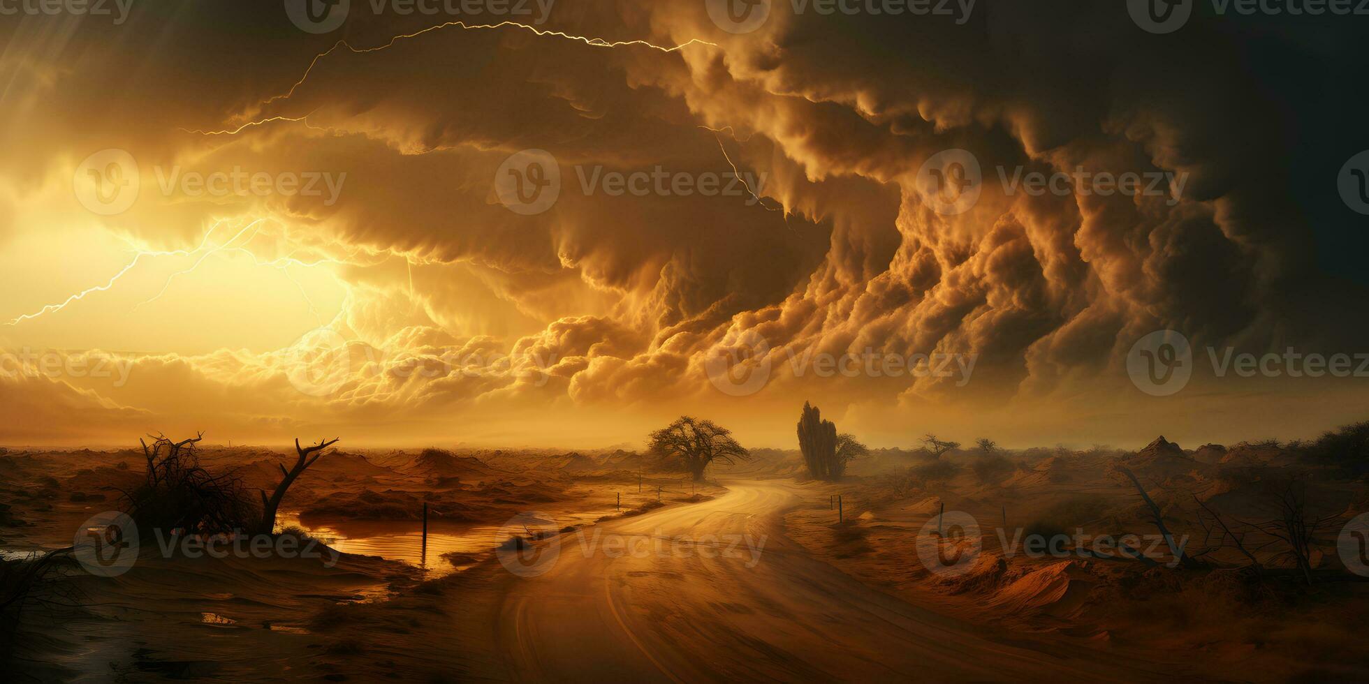 AI generated Stormy Sky with Lightning Strikes in the Desert. Sandstorm Landscape. Generative Ai photo