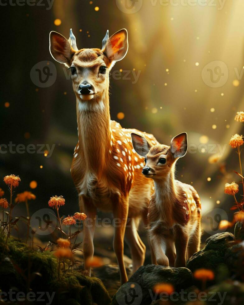 AI generated Deer and Fawn With a Blurry Forest Background. Generative AI photo