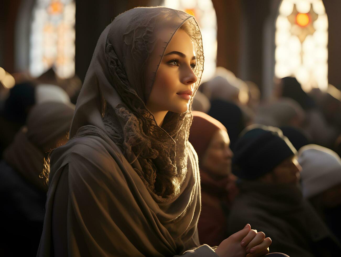 AI generated Beautiful Muslim woman in hijab sits in mosque, listening to sermon, Generative Ai photo
