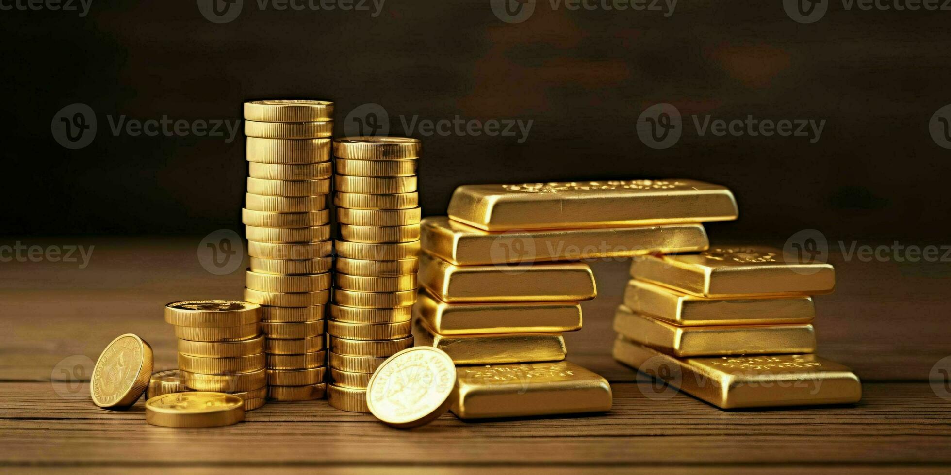 AI generated Gold Bars and Coins on a Wooden Table. Generative AI photo