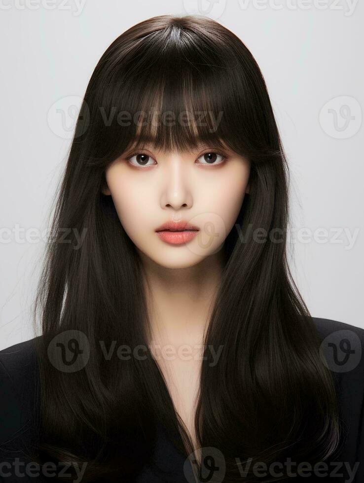 AI generated Portrait of beautiful young Korean woman with long straight hair with soft bangs, AI Generative photo