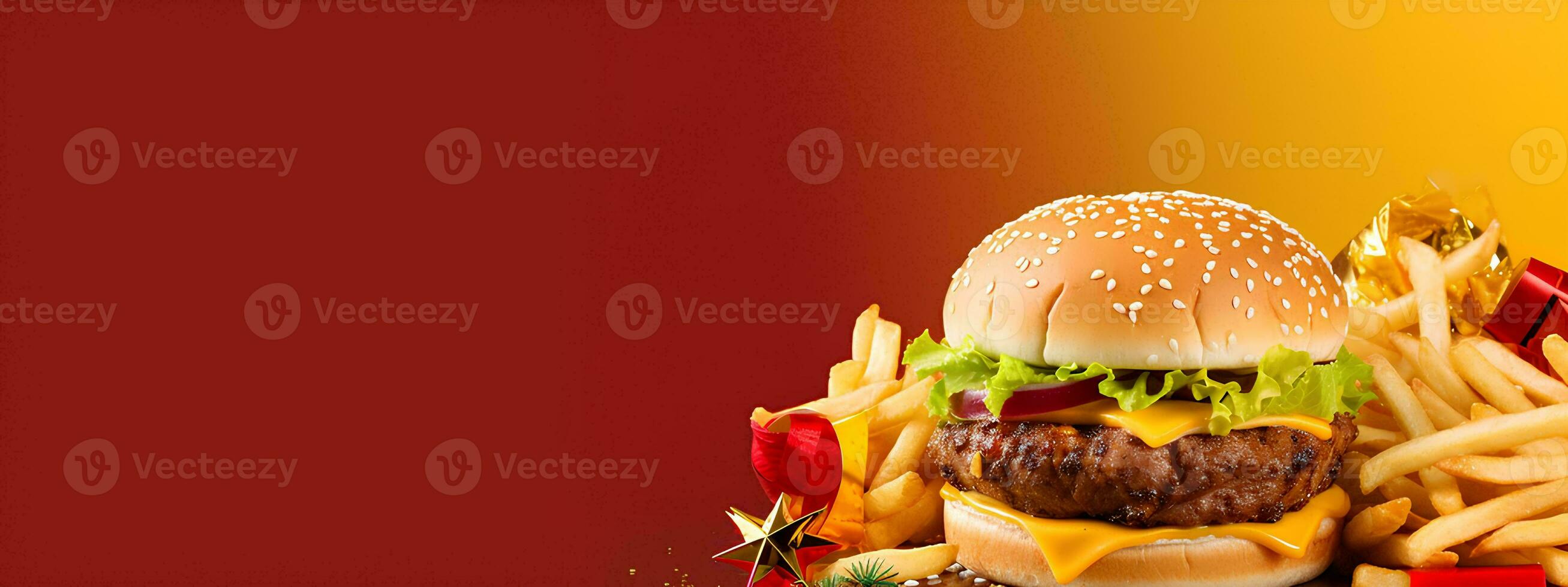 AI generated Christmas Day menu of burgers and fries on isolated background, festive Christmas and New Year theme, for posters and banners, banner mockup photo