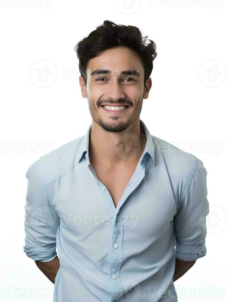 AI generated Portrait of a young man, smiling expression, studio shot, isolated white background, AI Generative photo