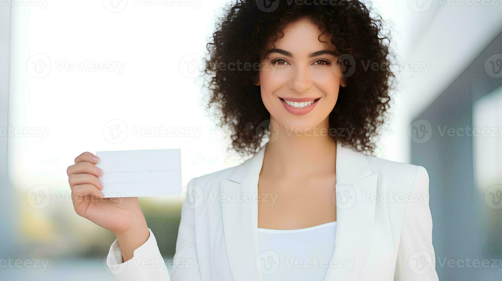 AI generated Cheerful beautiful young businesswoman holding plain business card for mockup material, plain card without text, studio photo, isolated white background photo