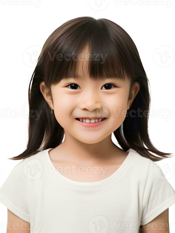 AI generated Portrait of cute and beautiful little japanese girl, smiling expression, isolated white background, AI Generative photo