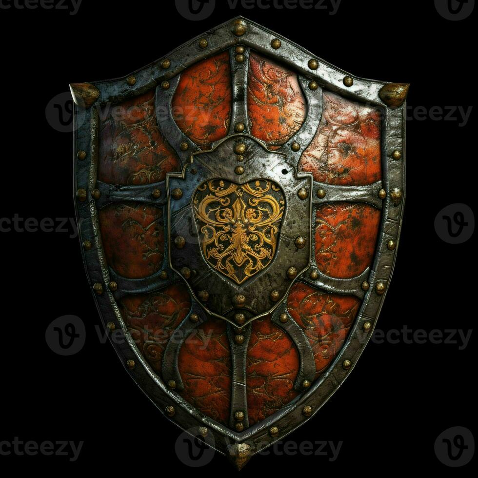 AI generated Rusty Medieval Shield with War Torn Effect Isolated on Black Background. Generative AI photo